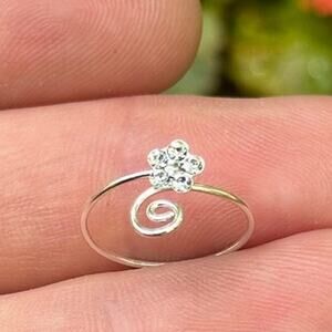 Sterling Silver Adjustable Looped Toe Ring with Clear Crystal Flower